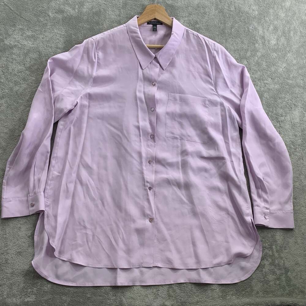 Eileen Fisher Shirt Womens Large Lilac 100% Silk Tunic Button Up Long Sleeve